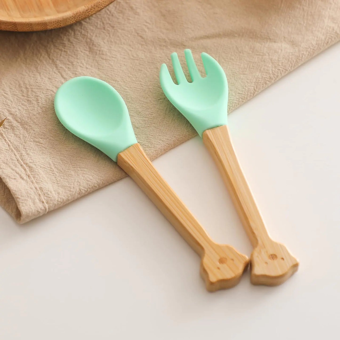 Baby Feeding Spoon Bamboo Wood and Silicone Baby Fork and Spoon - Soft Curved Silicone Tip Spoons - Suitable for Baby and Toddlers Forked Spoone （Green Bear）